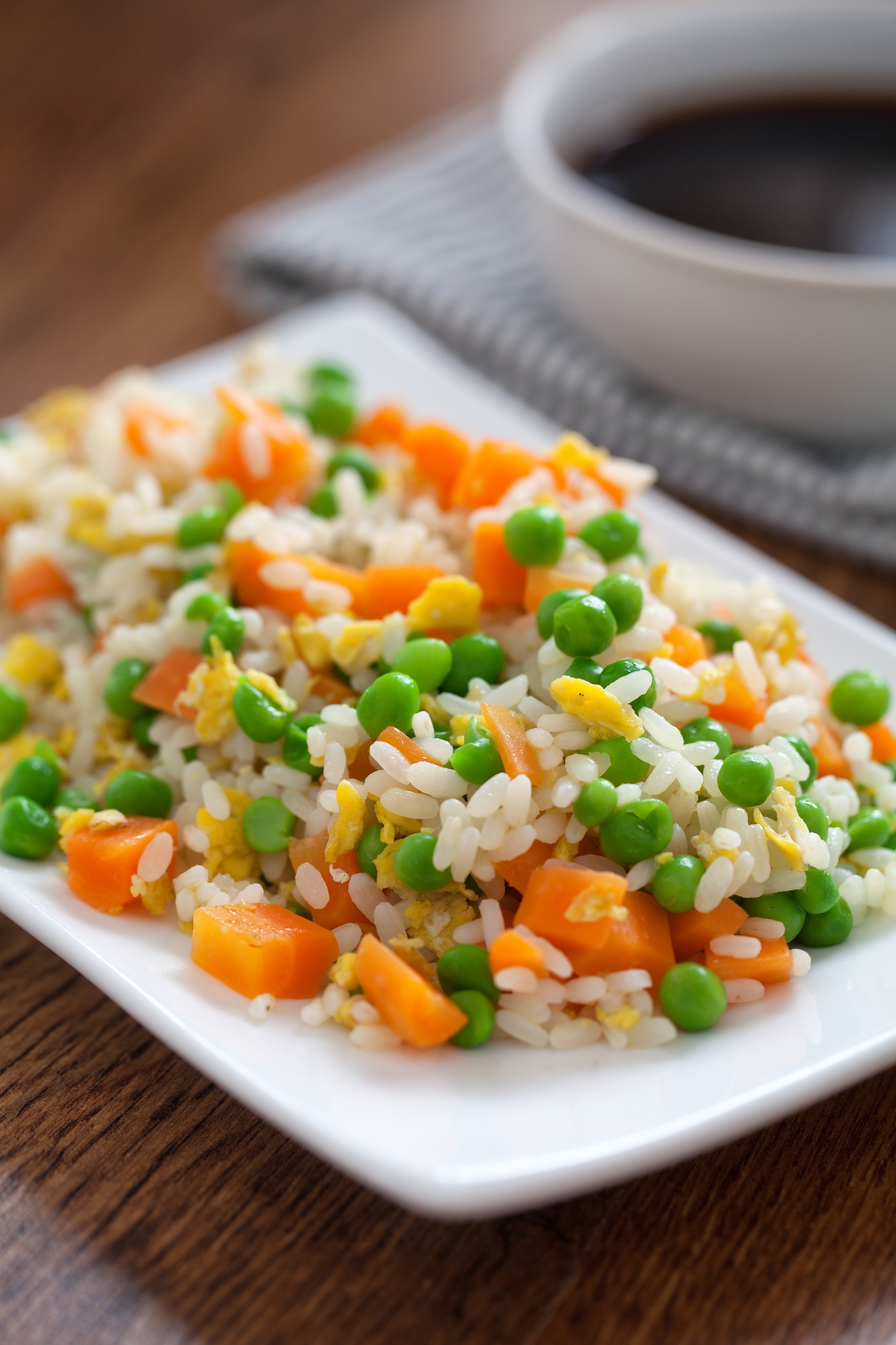 Oriental cantonese rice. Basmati rice with green peas, eggs and carrots